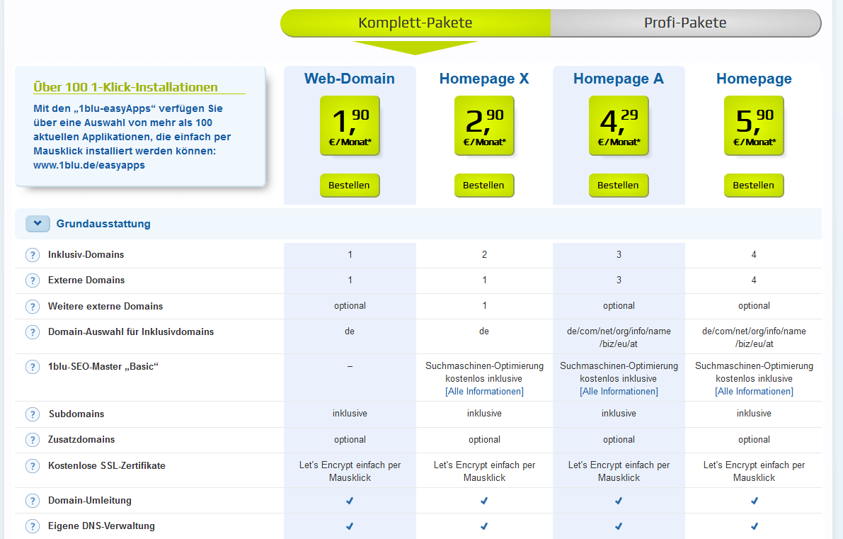 1blu webhosting Preise und Kosten